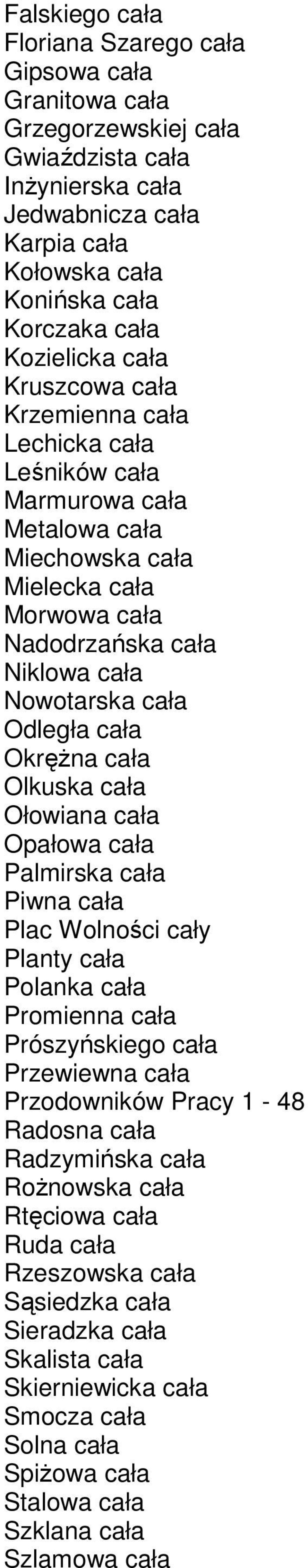 Odległa cała OkręŜna cała Olkuska cała Ołowiana cała Opałowa cała Palmirska cała Piwna cała Plac Wolności cały Planty cała Polanka cała Promienna cała Prószyńskiego cała Przewiewna cała Przodowników