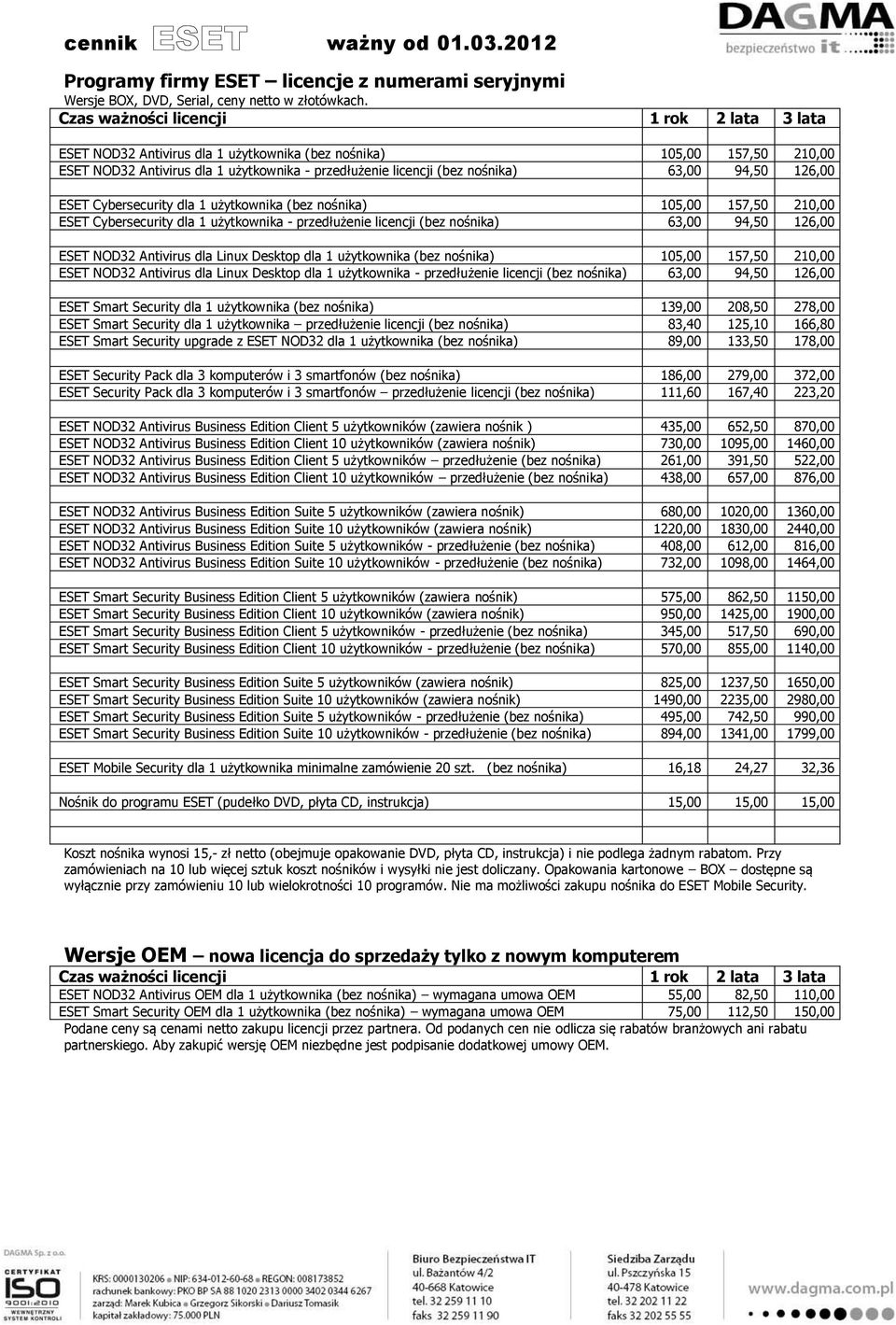 użytkownika (bez nośnika) 105,00 157,50 210,00 ESET Cybersecurity dla 1 użytkownika - przedłużenie licencji (bez nośnika) 63,00 94,50 126,00 ESET NOD32 Antivirus dla Linux Desktop dla 1 użytkownika