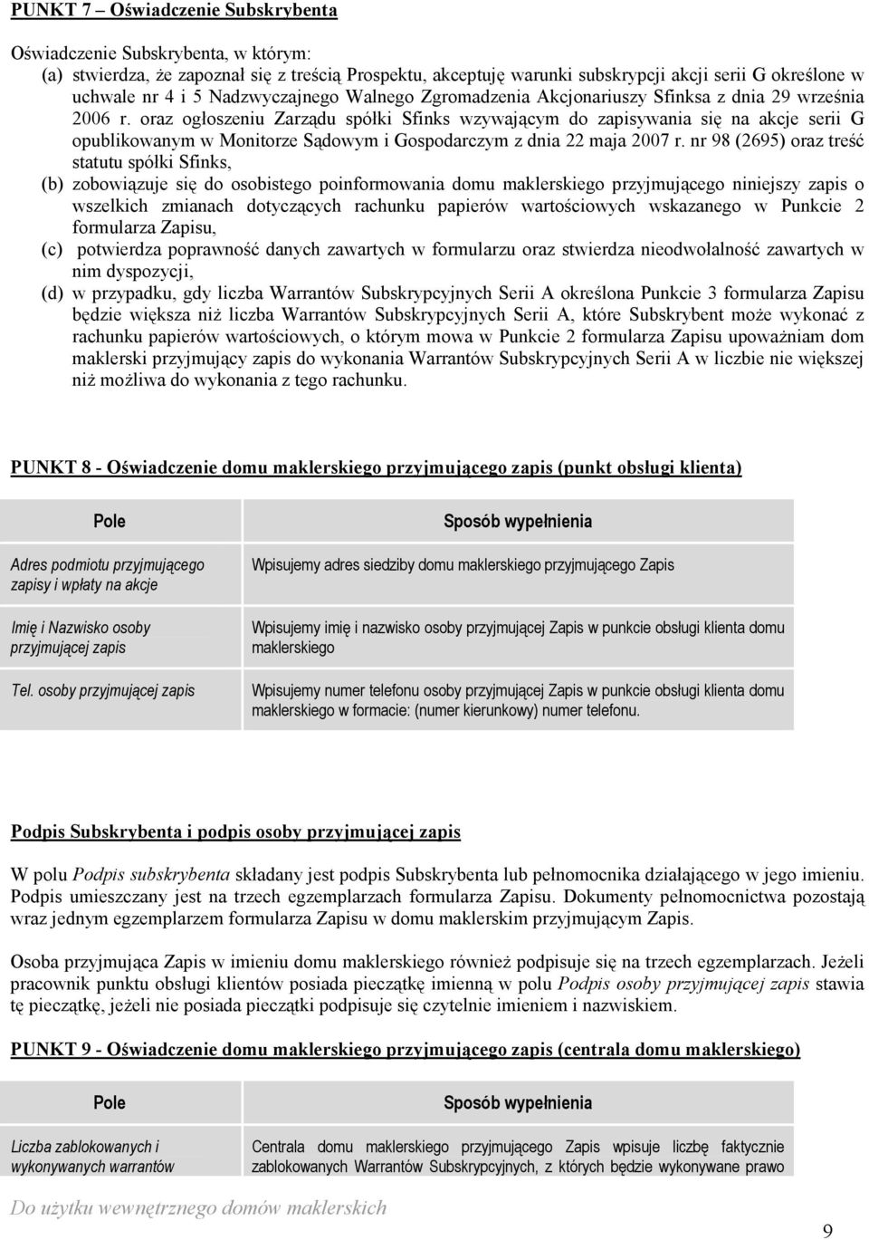 oraz ogłoszeniu Zarządu spółki Sfinks wzywającym do zapisywania się na akcje serii G opublikowanym w Monitorze Sądowym i Gospodarczym z dnia 22 maja 2007 r.