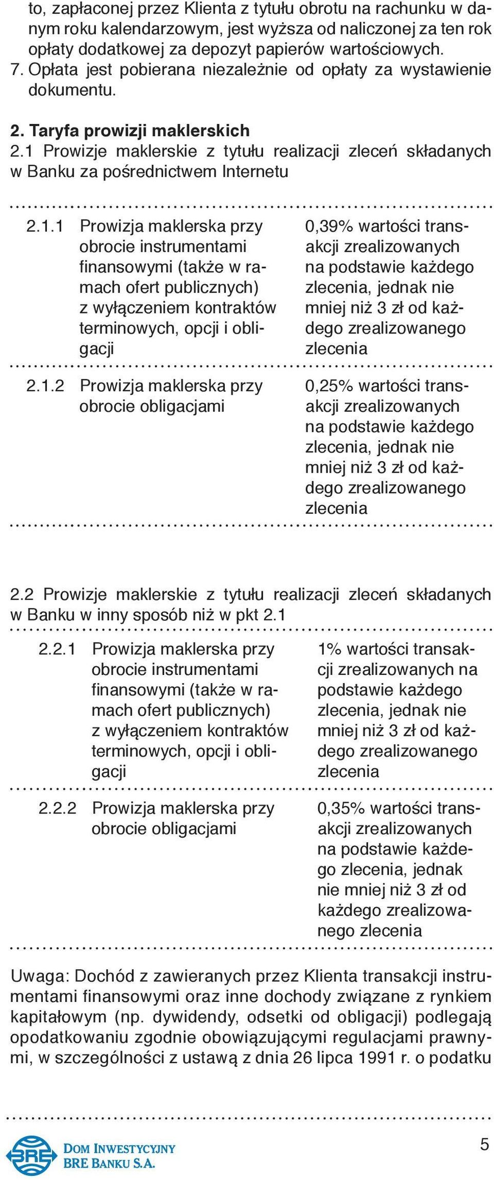 1.1 Prowizja maklerska przy obrocie instrumentami finansowymi (także w ramach ofert publicznych) z wyłączeniem kontraktów terminowych, opcji i obligacji 2.1.2 Prowizja maklerska przy obrocie