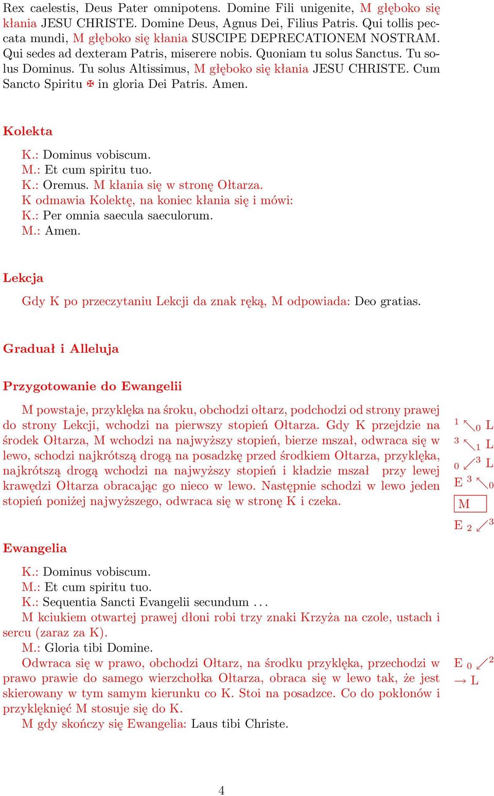 Tu solus Altissimus, M głęboko się kłania JESU CHRISTE. Cum Sancto Spiritu in gloria Dei Patris. Amen. Kolekta K.: Dominus vobiscum. K.: Oremus. M kłania się w stronę Ołtarza.