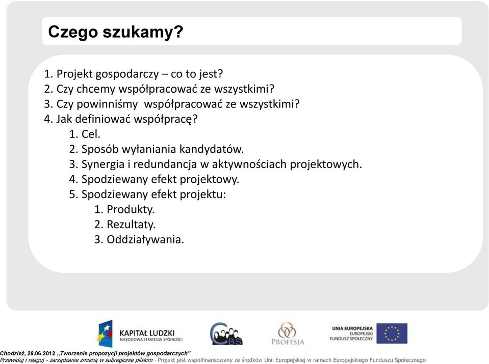 Sposób wyłaniania kandydatów. 3. Synergia i redundancja w aktywnościach projektowych. 4.