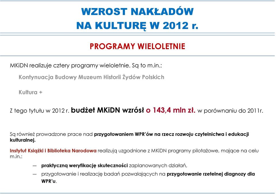 Są również prowadzone prace nad przygotowaniem WPR ówna rzecz rozwoju czytelnictwa i edukacji kulturalnej.