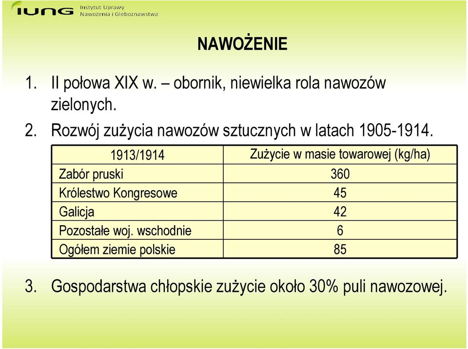 1913/1914 Zużycie w masie towarowej (kg/ha) Zabór pruski 360 Królestwo Kongresowe 45