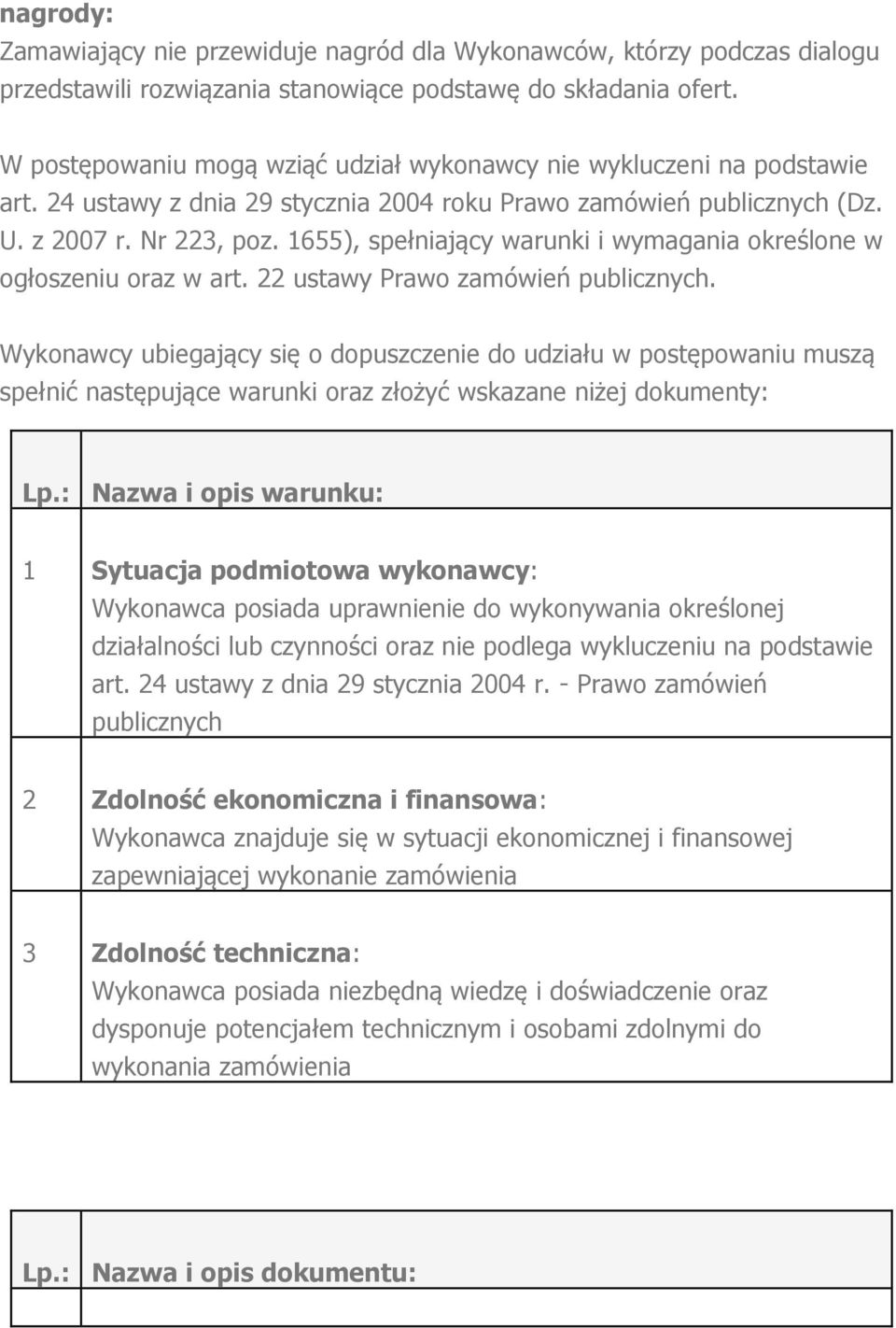 1655), spełniający warunki i wymagania określone w ogłoszeniu oraz w art. 22 ustawy Prawo zamówień publicznych.