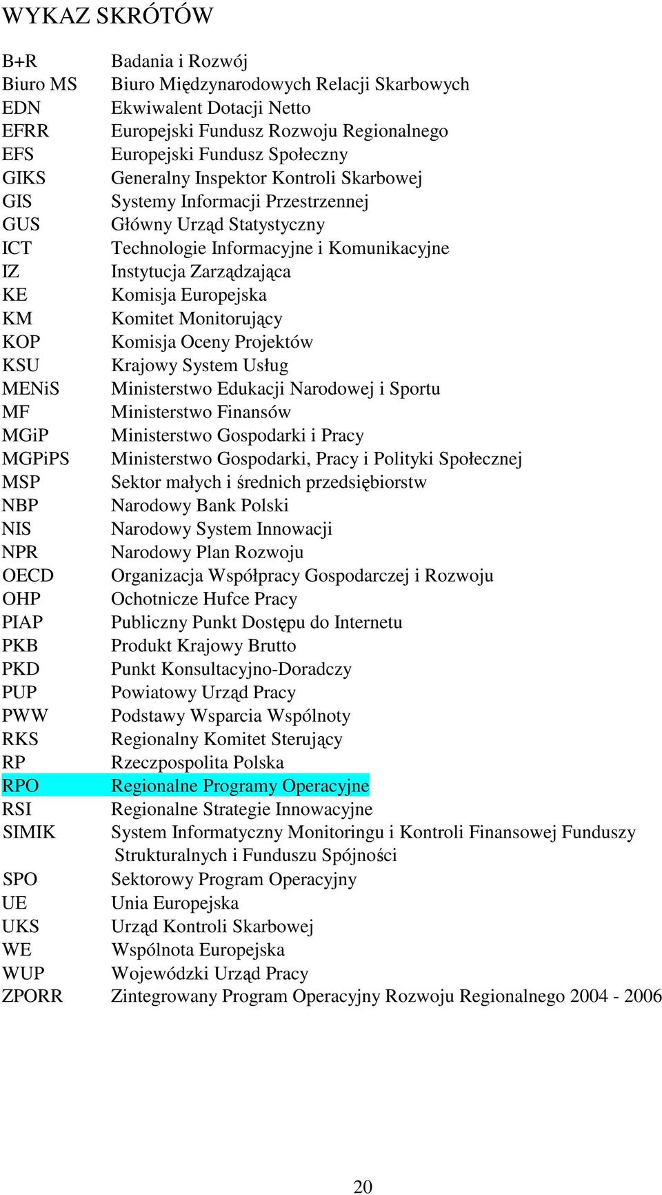 KM Komitet Monitorujący KOP Komisja Oceny Projektów KSU Krajowy System Usług MENiS Ministerstwo Edukacji Narodowej i Sportu MF Ministerstwo Finansów MGiP Ministerstwo Gospodarki i Pracy MGPiPS