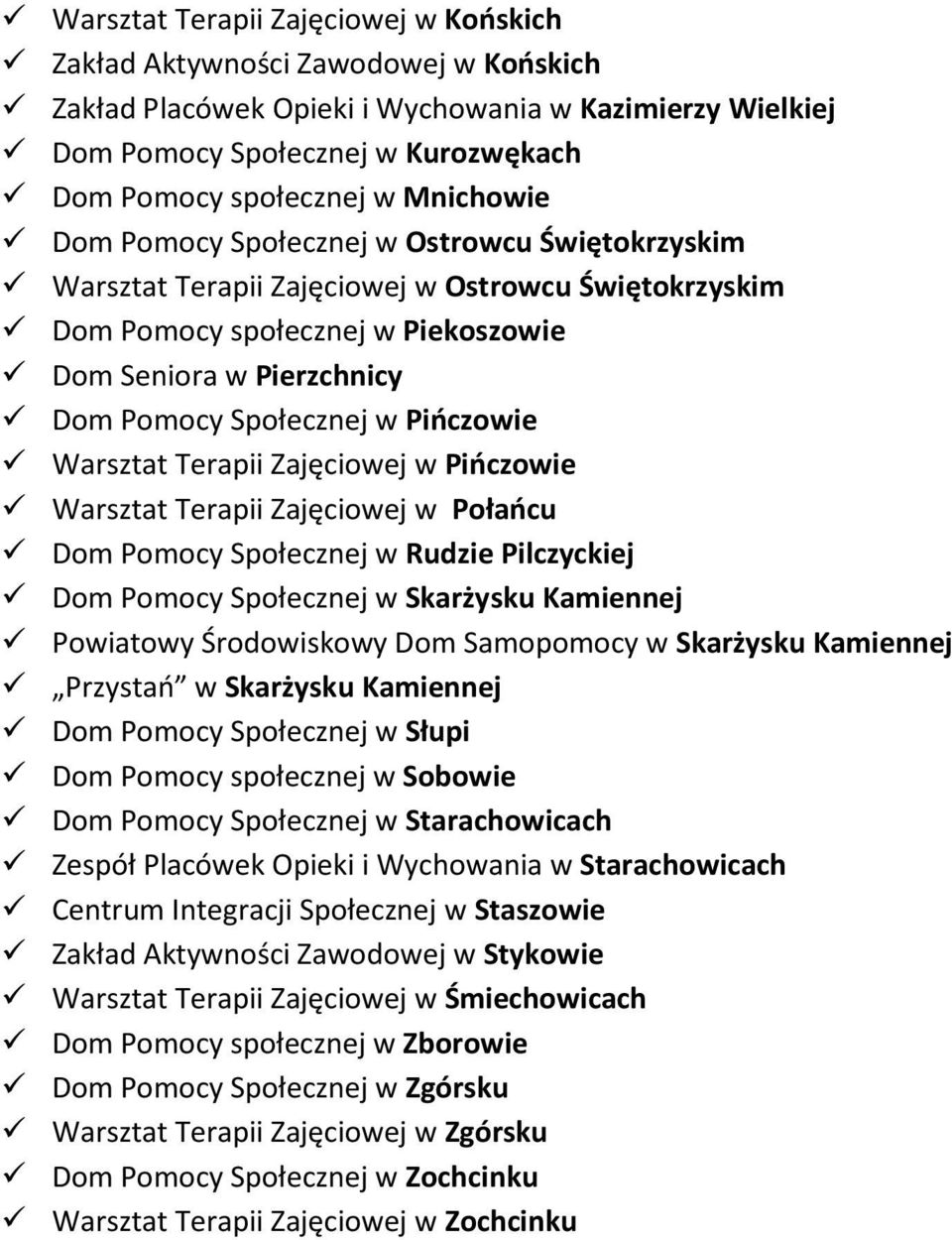 Pińczowie Warsztat Terapii Zajęciowej w Pińczowie Warsztat Terapii Zajęciowej w Połańcu Dom Pomocy Społecznej w Rudzie Pilczyckiej Dom Pomocy Społecznej w Skarżysku Kamiennej Powiatowy Środowiskowy