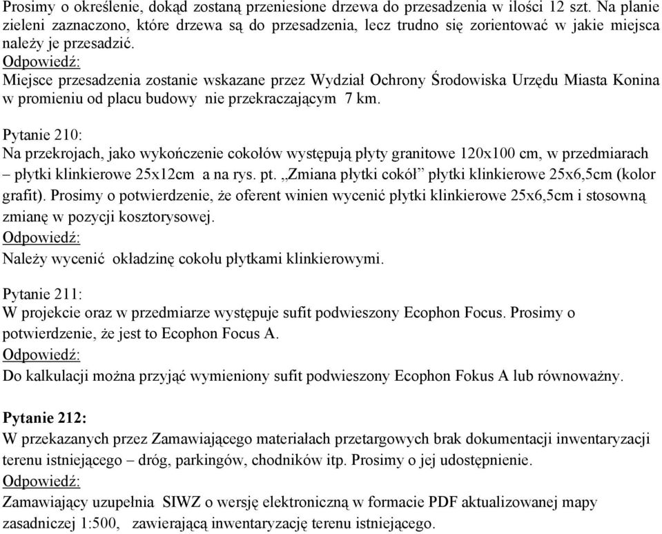 Miejsce przesadzenia zostanie wskazane przez Wydział Ochrony Środowiska Urzędu Miasta Konina w promieniu od placu budowy nie przekraczającym 7 km.