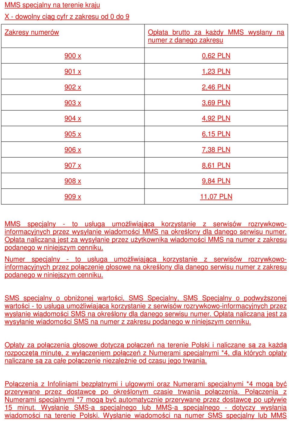 wysyłanie wiadomości MMS na określony dla danego serwisu numer. Opłata naliczana jest za wysyłanie przez użytkownika wiadomości MMS na numer z zakresu podanego w niniejszym cenniku.