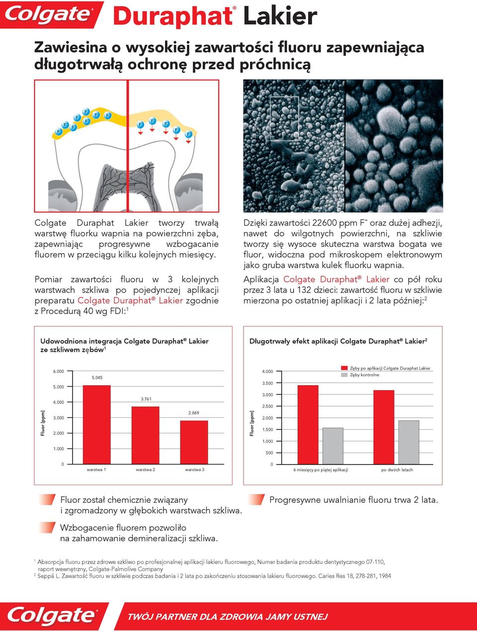 Pomiar zawartości fluoru w 3 kolejnych warstwach szkliwa po pojedynczej aplikacji preparatu Lakier zgodnie z Procedurą 40 wg FDI: 1 Dzięki zawartości 22600 ppm F - oraz dużej adhezji, nawet do