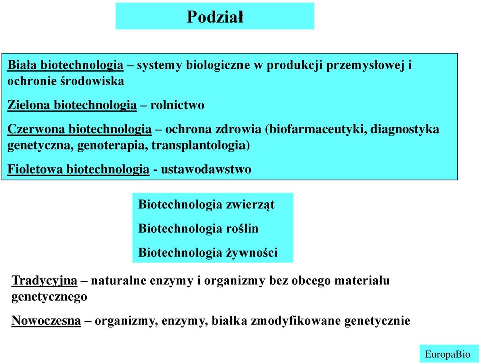 Fioletowa biotechnologia - ustawodawstwo Biotechnologia zwierząt Biotechnologia roślin Biotechnologia żywności Tradycyjna