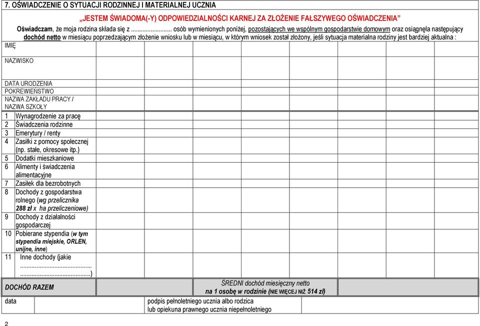 został złożony, jeśli sytuacja materialna rodziny jest bardziej aktualna : IMIĘ NAZWISKO DATA URODZENIA POKREWIEŃSTWO NAZWA ZAKŁADU PRACY / NAZWA SZKOŁY 1 Wynagrodzenie za pracę 2 Świadczenia