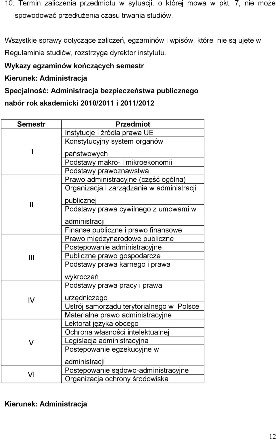 Wykazy egzaminów kończących semestr Kierunek: Administracja Specjalność: Administracja bezpieczeństwa publicznego nabór rok akademicki 2010/2011 i 2011/2012 Semestr I II III IV V VI Przedmiot