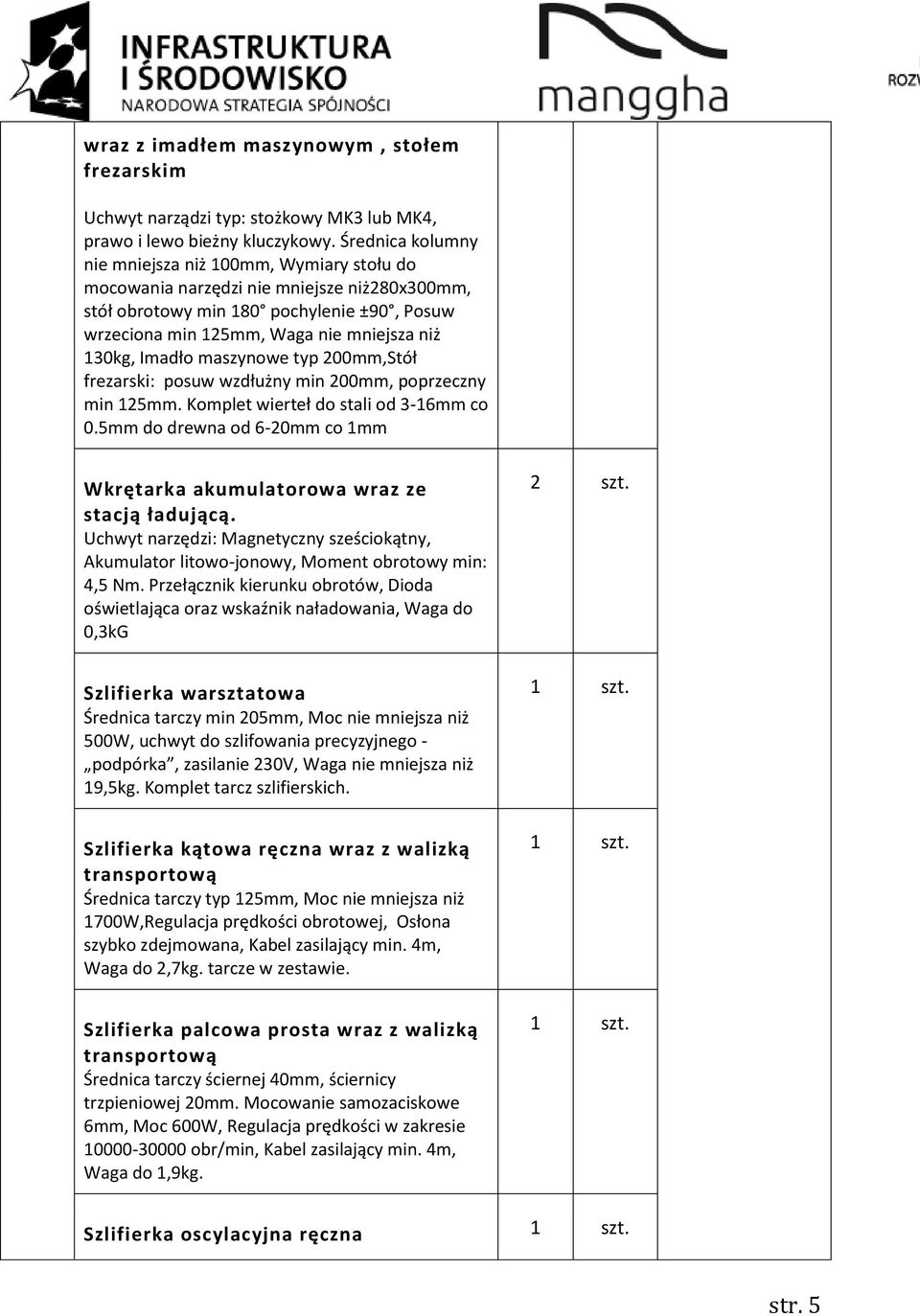 Imadło maszynowe typ 200mm,Stół frezarski: posuw wzdłużny min 200mm, poprzeczny min 125mm. Komplet wierteł do stali od 3-16mm co 0.