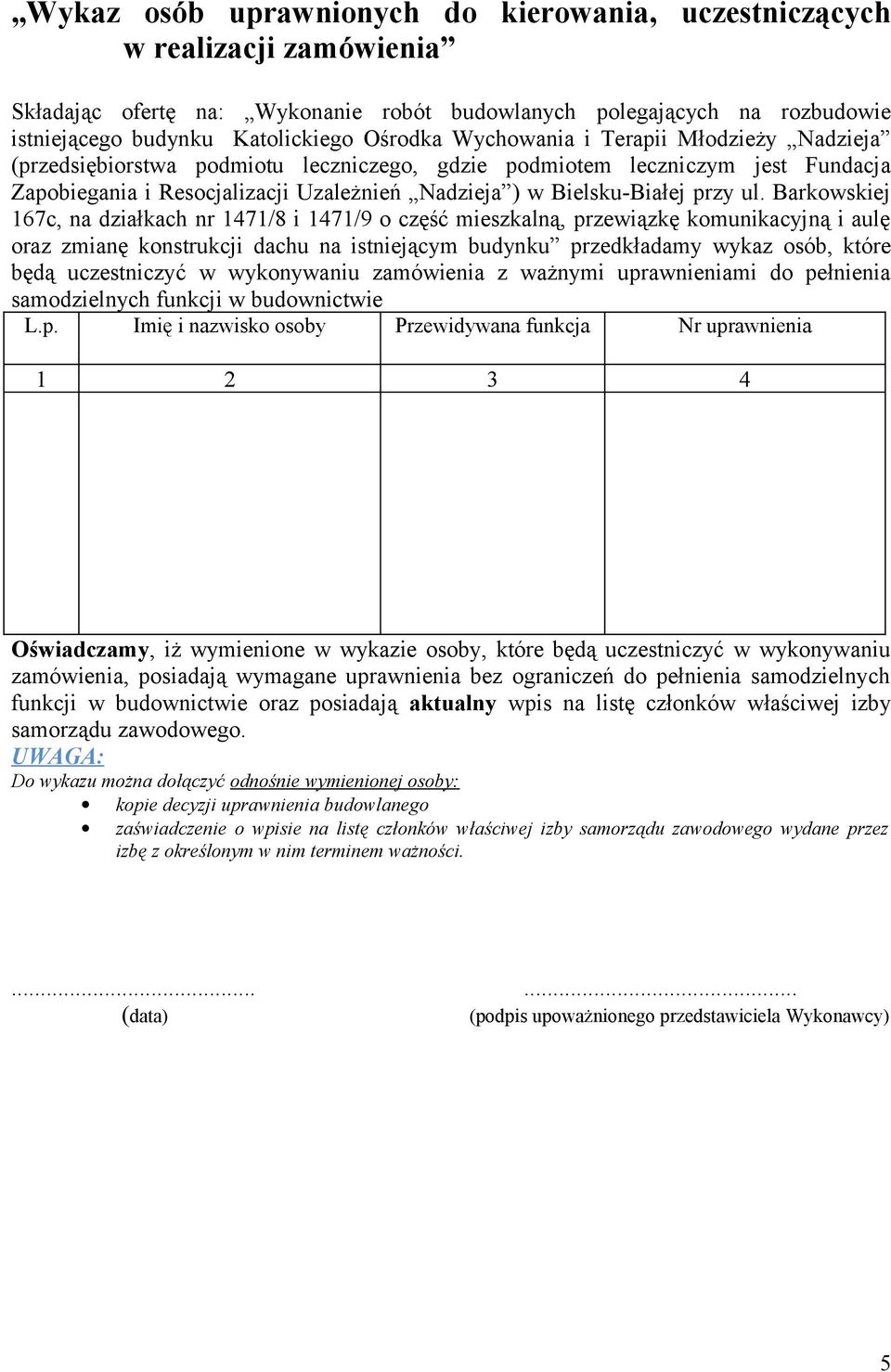 Barkowskiej 167c, na działkach nr 1471/8 i 1471/9 o część mieszkalną, przewiązkę komunikacyjną i aulę oraz zmianę konstrukcji dachu na istniejącym budynku przedkładamy wykaz osób, które będą