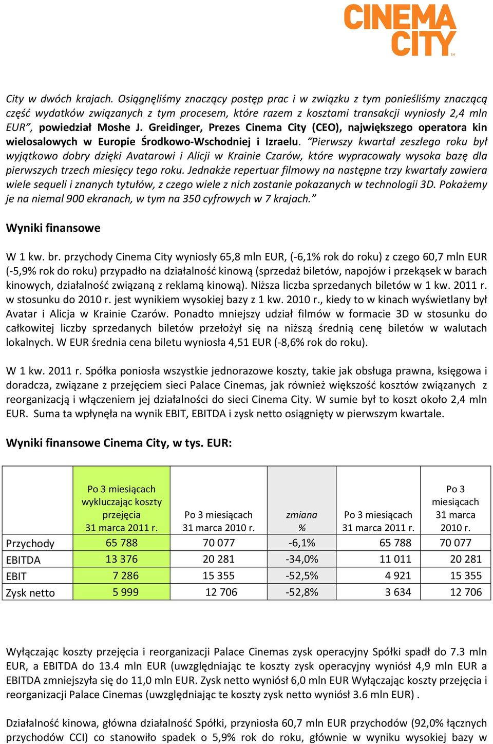 Greidinger, Prezes Cinema City (CEO), największego operatora kin wielosalowych w Europie Środkowo-Wschodniej i Izraelu.