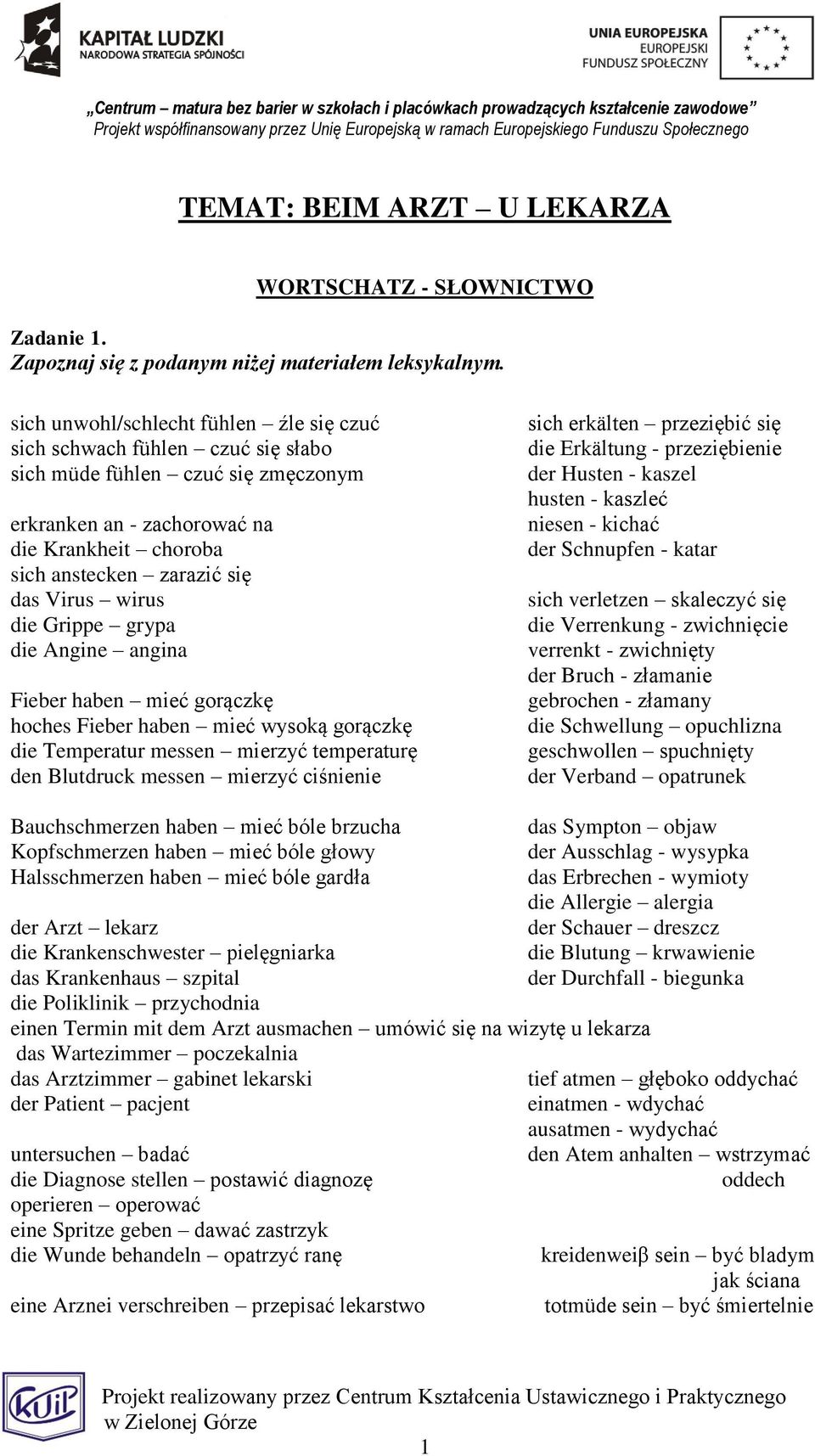 wirus die Grippe grypa die Angine angina Fieber haben mieć gorączkę hoches Fieber haben mieć wysoką gorączkę die Temperatur messen mierzyć temperaturę den Blutdruck messen mierzyć ciśnienie sich