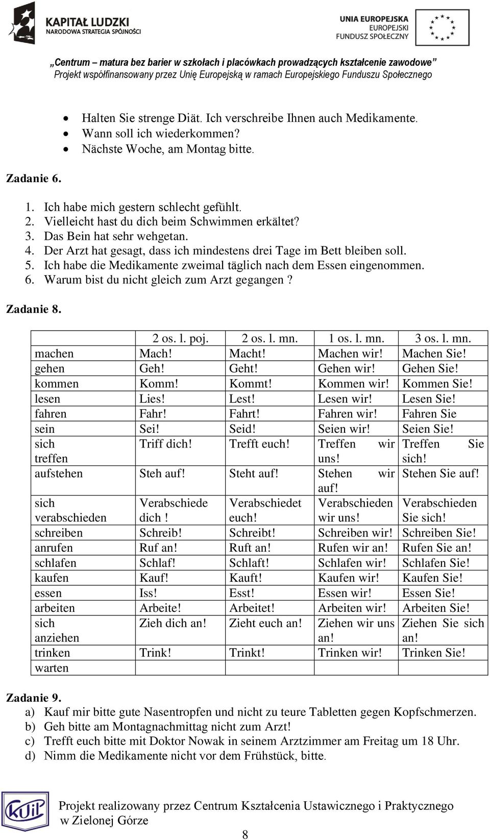 Ich habe die Medikamente zweimal täglich nach dem Essen eingenommen. 6. Warum bist du nicht gleich zum Arzt gegangen? Zadanie 8. 2 os. l. poj. 2 os. l. mn. 1 os. l. mn. 3 os. l. mn. machen Mach!