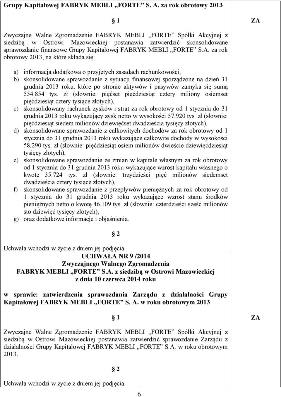 za rok obrotowy 2013 siedzibą w Ostrowi Mazowieckiej postanawia zatwierdzić skonsolidowane sprawozdanie finansowe RYK MEBLI FORTE S.A.