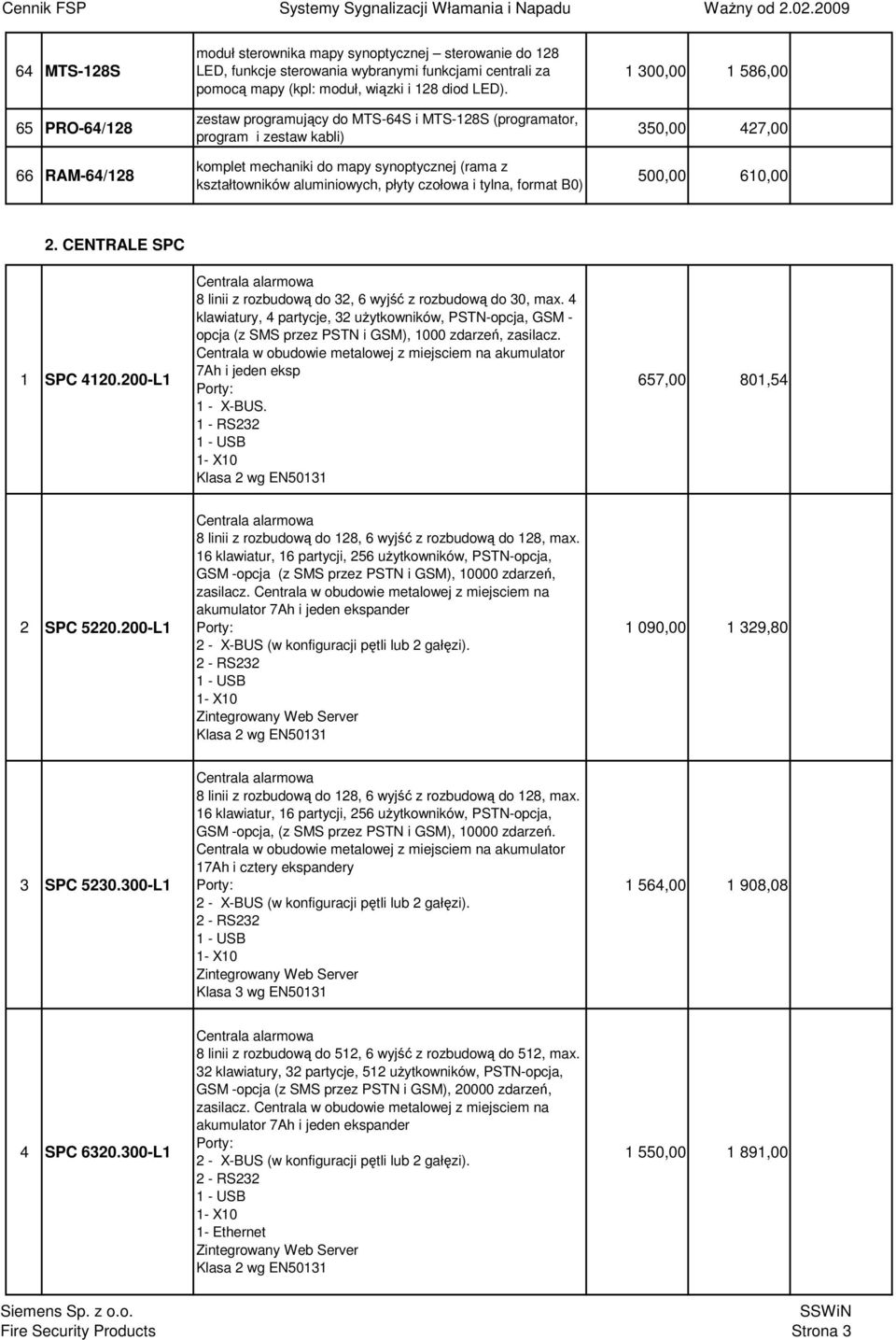 1 586,00 350,00 427,00 500,00 610,00 2. CENTRALE SPC 1 SPC 4120.200-L1 Centrala alarmowa 8 linii z rozbudową do 32, 6 wyjść z rozbudową do 30, max.