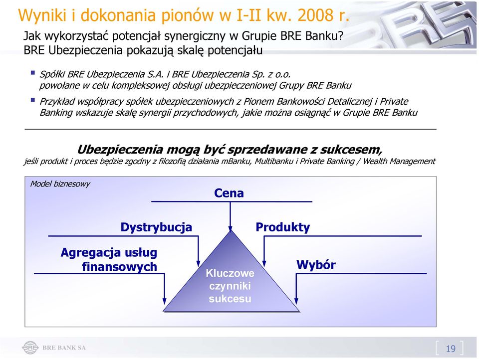 o. powołane w celu kompleksowej obsługi ubezpieczeniowej Grupy BRE Banku Przykład współpracy spółek ubezpieczeniowych z Pionem Bankowości Detalicznej i Private Banking wskazuje