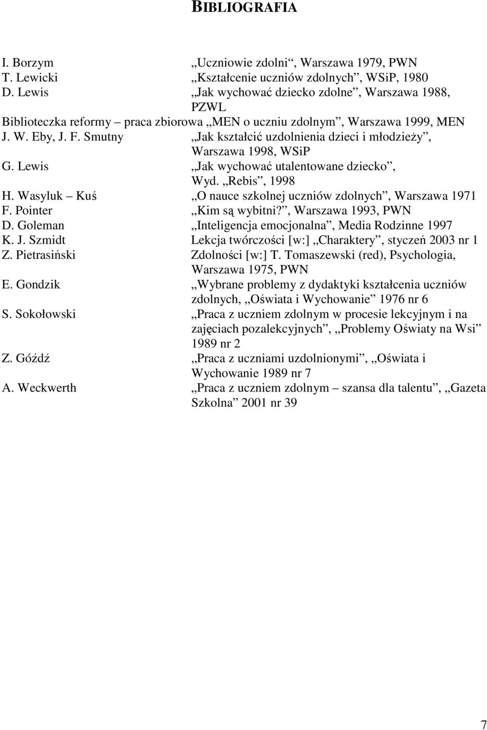 Smutny Jak kształcić uzdolnienia dzieci i młodzieŝy, Warszawa 1998, WSiP G. Lewis Jak wychować utalentowane dziecko, Wyd. Rebis, 1998 H. Wasyluk Kuś O nauce szkolnej uczniów zdolnych, Warszawa 1971 F.