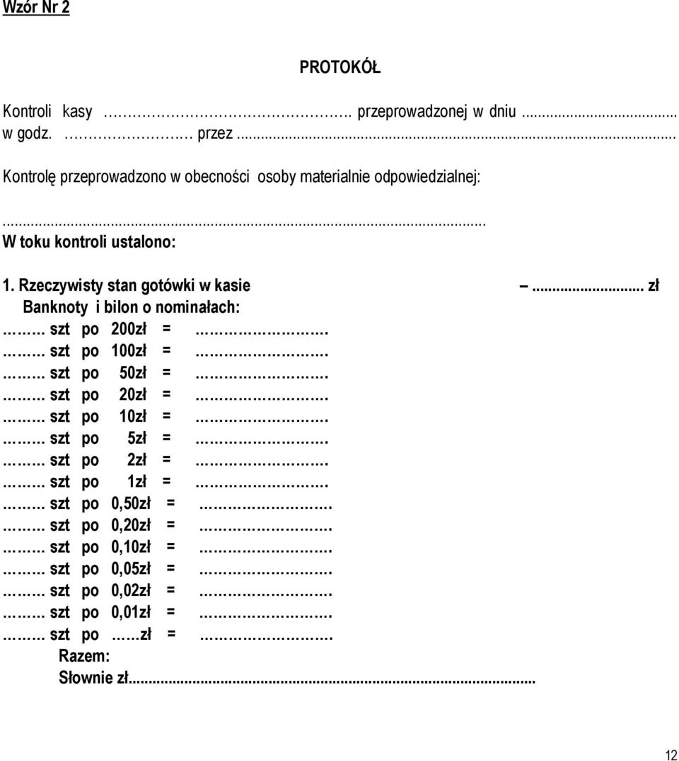 Rzeczywisty stan gotówki w kasie... zł Banknoty i bilon o nominałach: szt po 200zł =. szt po 100zł =. szt po 50zł =.