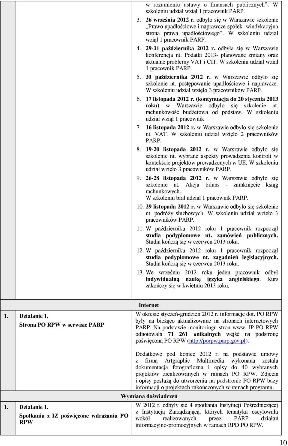 odbyła się w Warszawie konferencja nt. Podatki 2013- planowane zmiany oraz aktualne problemy VAT i CIT. W szkoleniu udział wziął 1 pracownik PARP. 5. 30 października 2012 r.