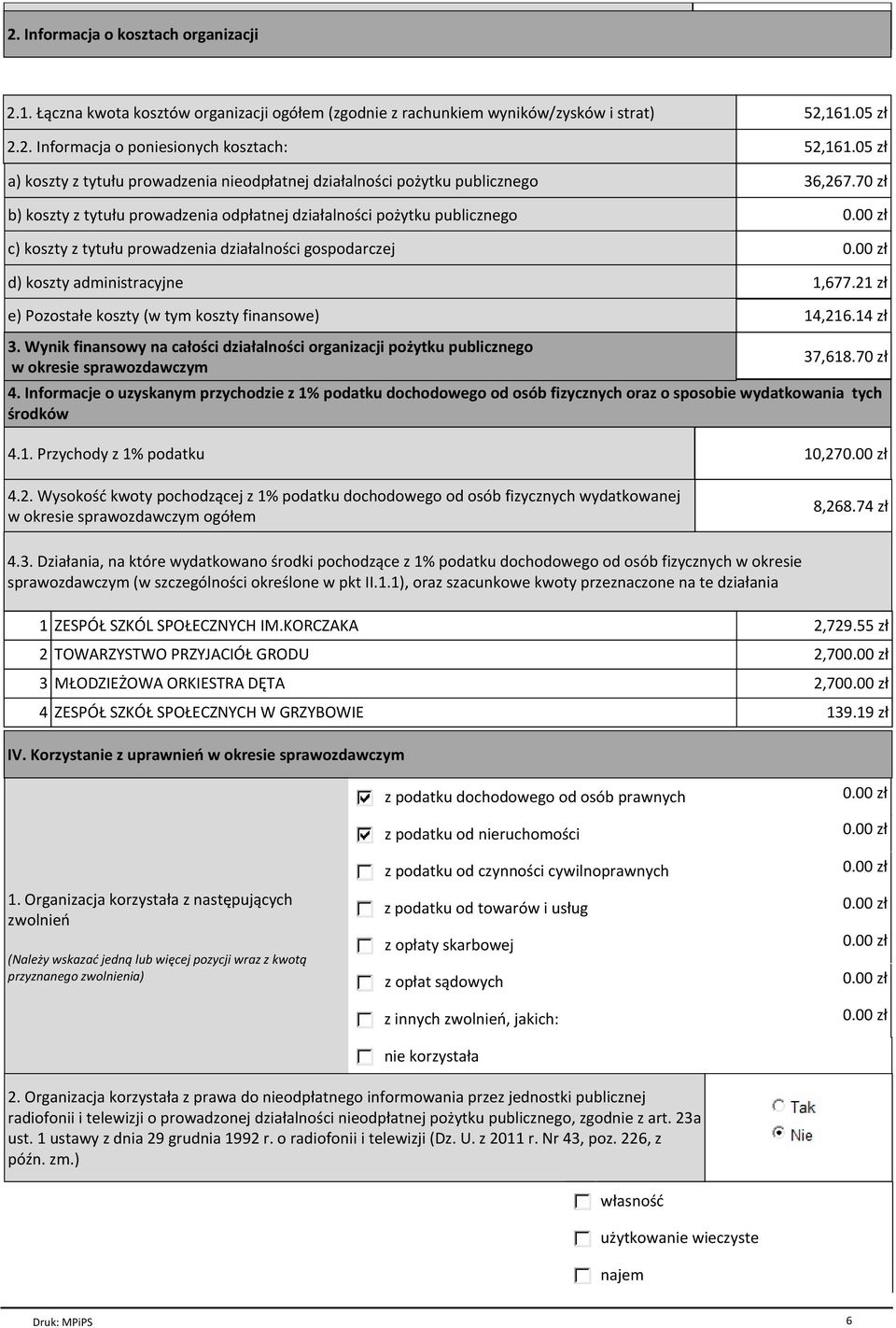 2. Informacja o poniesionych kosztach: a) koszty z tytułu prowadzenia nieodpłatnej działalności pożytku publicznego b) koszty z tytułu prowadzenia odpłatnej działalności pożytku publicznego c) koszty