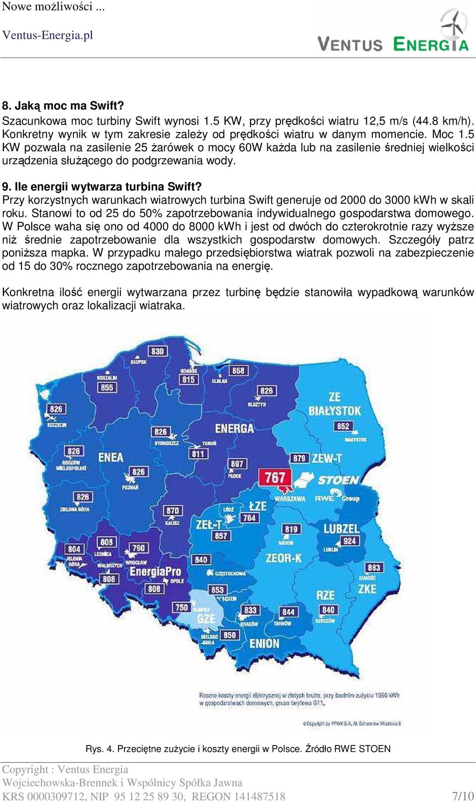 Przy korzystnych warunkach wiatrowych turbina Swift generuje od 2000 do 3000 kwh w skali roku. Stanowi to od 25 do 50% zapotrzebowania indywidualnego gospodarstwa domowego.