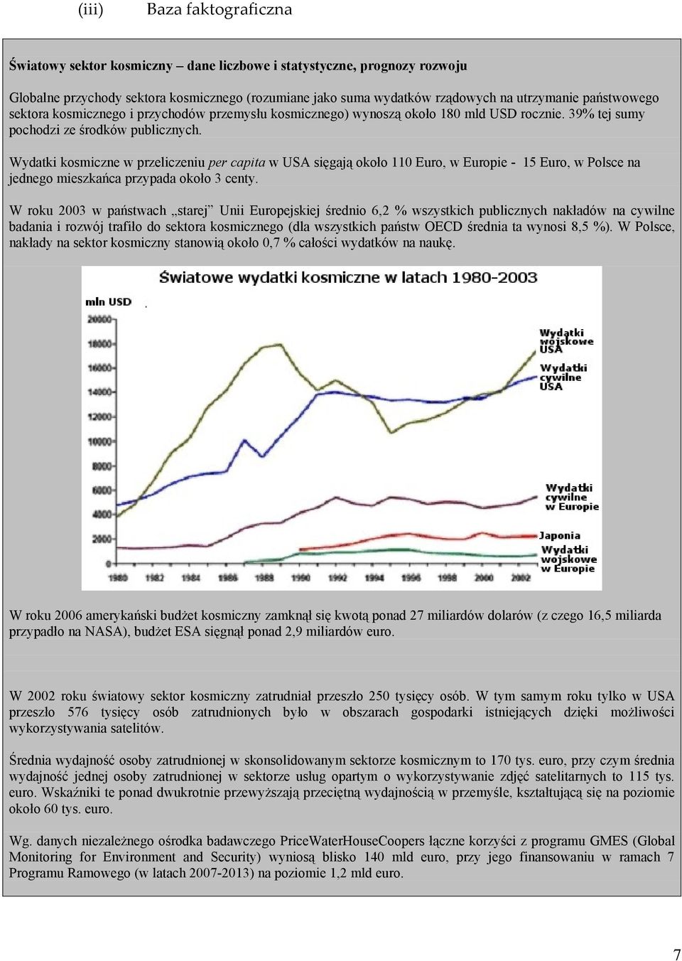 Wydatki kosmiczne w przeliczeniu per capita w USA sięgają około 110 Euro, w Europie - 15 Euro, w Polsce na jednego mieszkańca przypada około 3 centy.