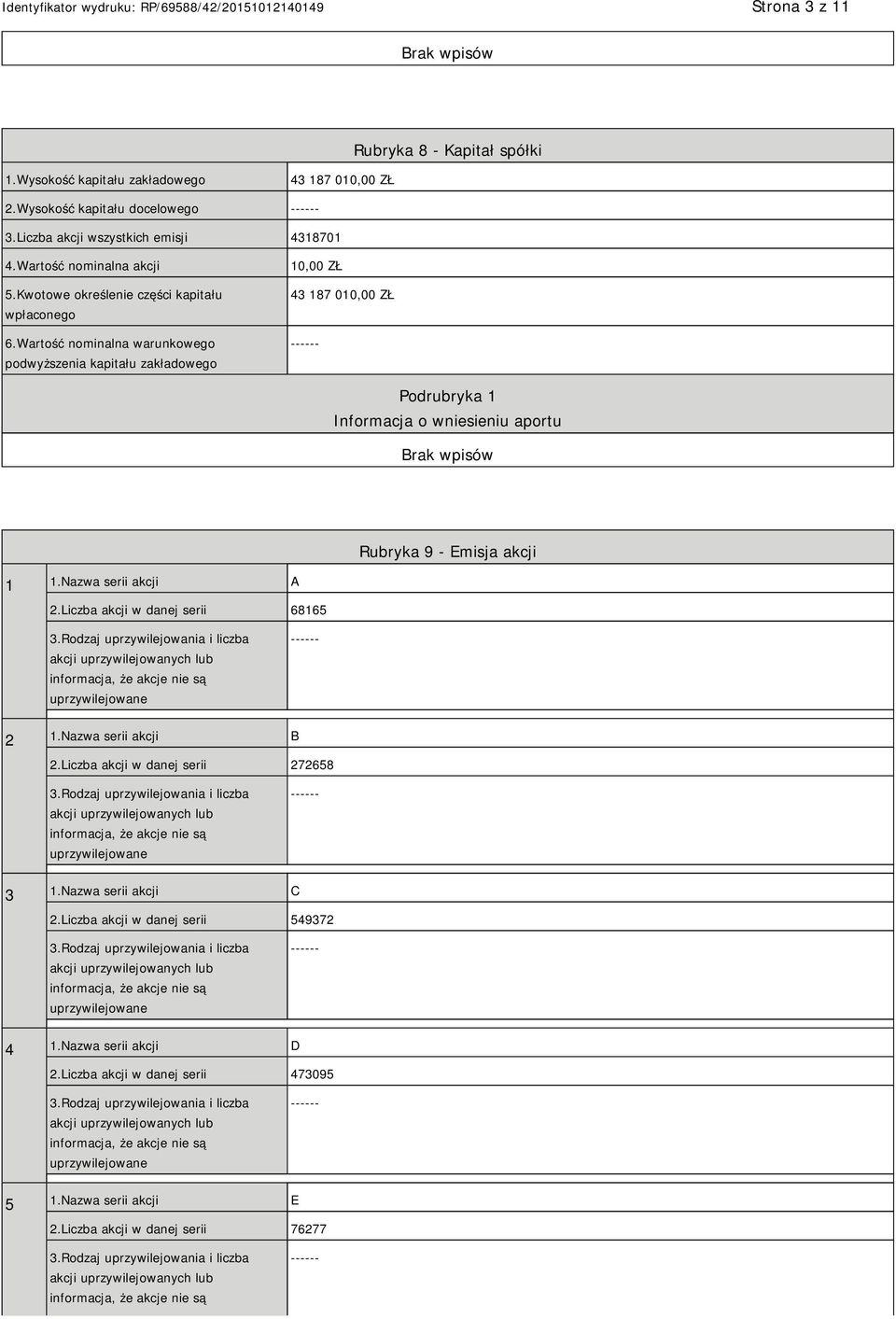 Wartość nominalna warunkowego podwyższenia kapitału zakładowego 10,00 ZŁ 43 187 010,00 ZŁ Podrubryka 1 Informacja o wniesieniu aportu Rubryka 9 - Emisja akcji 1 1.