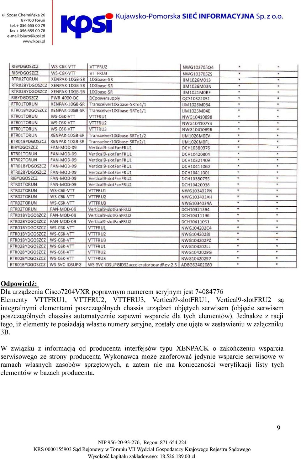 Jednakże z racji tego, iż elementy te posiadają własne numery seryjne, zostały one ujęte w zestawieniu w załączniku 3B.