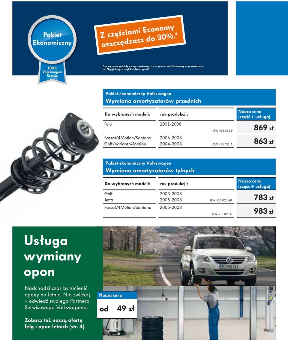 usługa) 869 zł 863 zł Pakiet ekonomiczny Volkswagen Wymiana amortyzatorów tylnych Golf Jetta rok produkcji: Passat/4Motion/Santana 2005-2008 2003-2008 2005-2008 JZW 513 025 AB JZW 513 025 N (czę ć