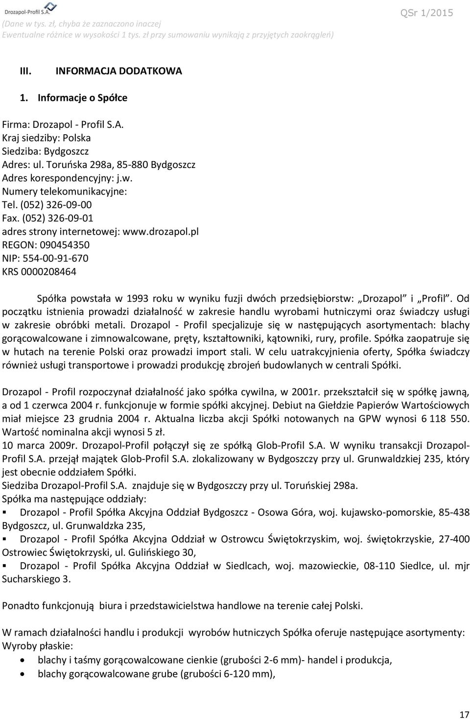 pl REGON: 090454350 NIP: 554-00-91-670 KRS 0000208464 Spółka powstała w 1993 roku w wyniku fuzji dwóch przedsiębiorstw: Drozapol i Profil.