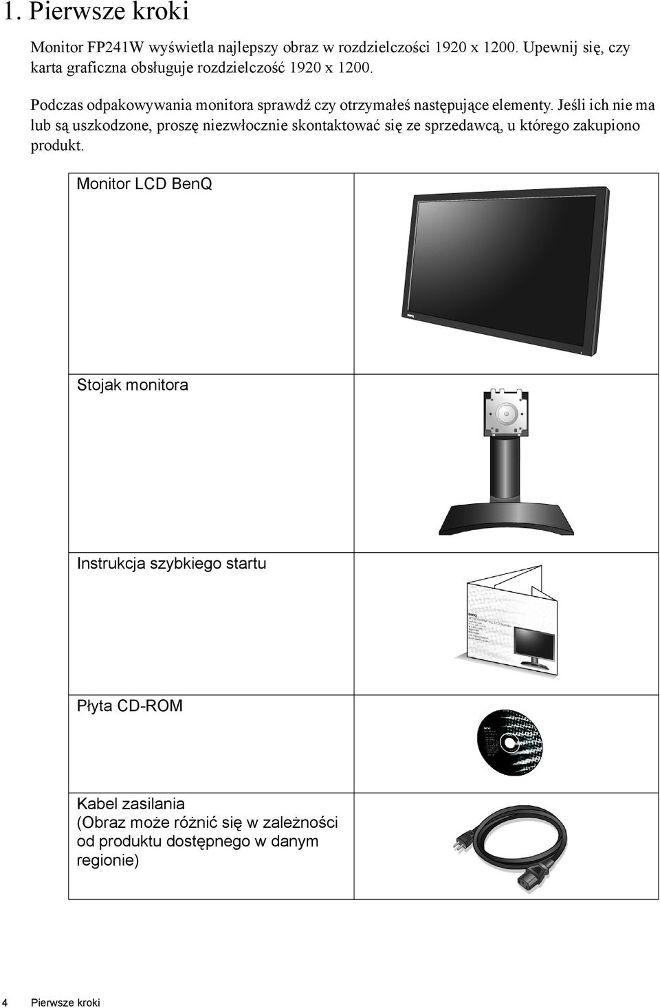 Podczas odpakowywania monitora sprawdź czy otrzymałeś następujące elementy.