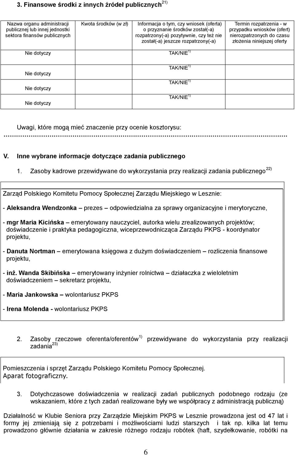 niniejszej oferty TAK/NIE 1) TAK/NIE 1) TAK/NIE 1) TAK/NIE 1) Uwagi, które mogą mieć znaczenie przy ocenie kosztorysu:. V. Inne wybrane informacje dotyczące zadania publicznego 1.