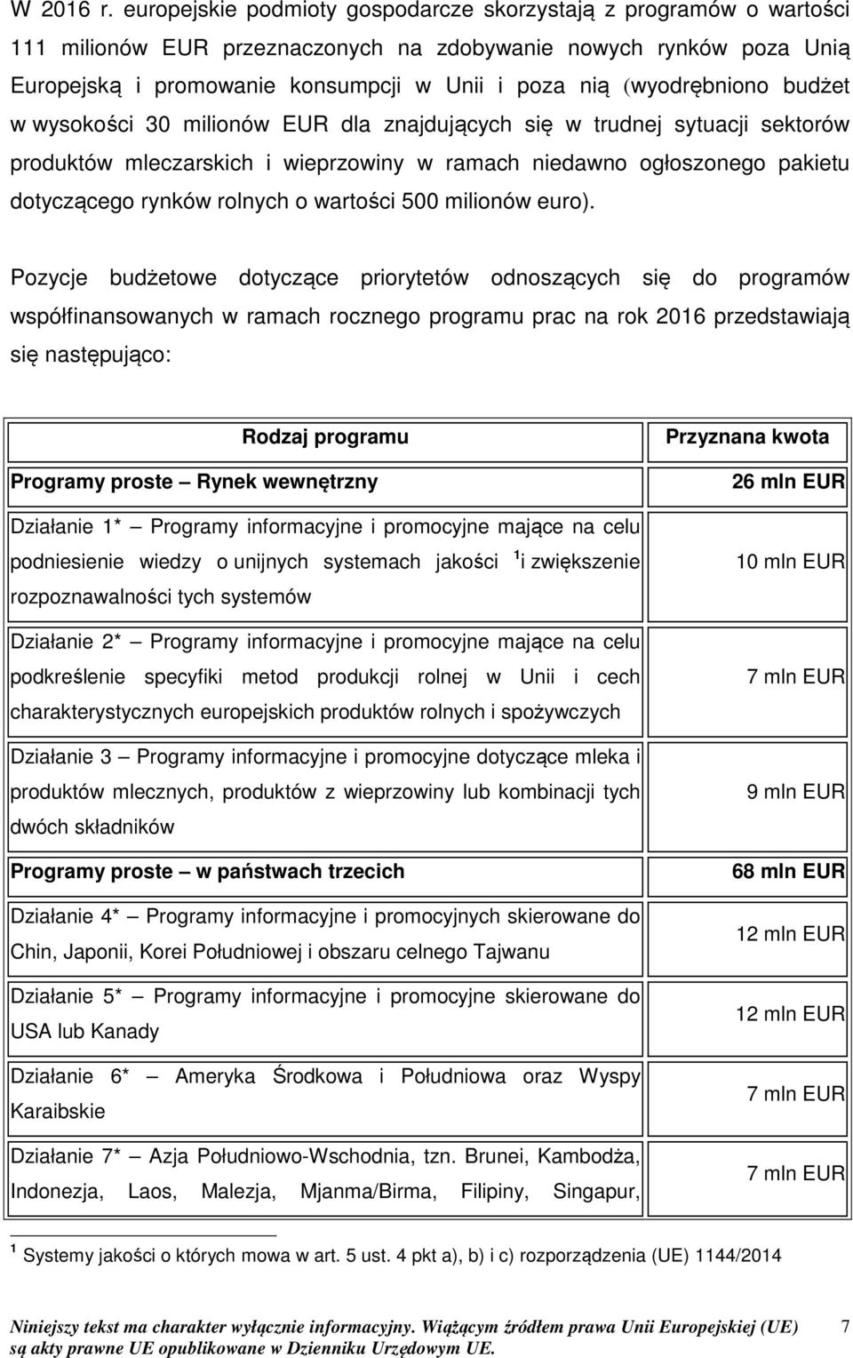 (wyodrębniono budżet w wysokości 30 milionów EUR dla znajdujących się w trudnej sytuacji sektorów produktów mleczarskich i wieprzowiny w ramach niedawno ogłoszonego pakietu dotyczącego rynków rolnych