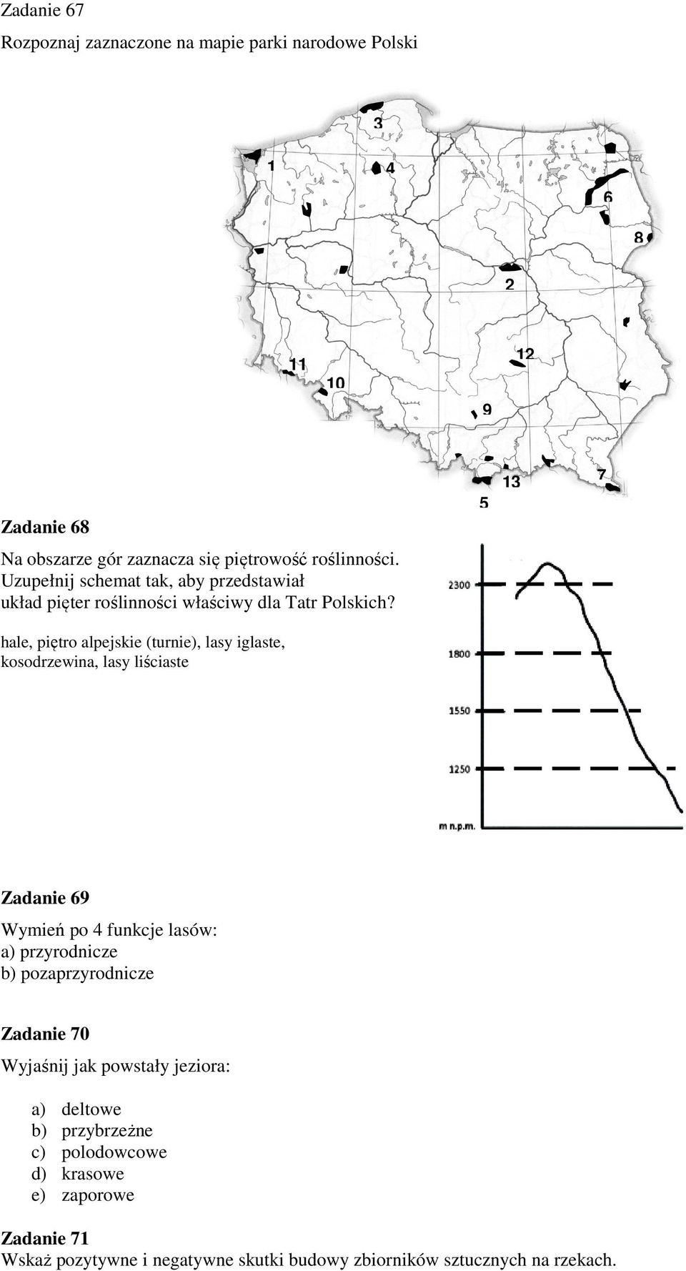 hale, piętro alpejskie (turnie), lasy iglaste, kosodrzewina, lasy liściaste Zadanie 69 Wymień po 4 funkcje lasów: a) przyrodnicze b)