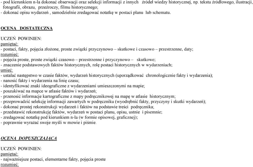 OCENA DOSTATECZNA UCZEŃ POWINIEN: pamiętać: - postaci, fakty, pojęcia złożone, proste związki przyczynowo skutkowe i czasowo przestrzenne, daty; rozumieć: - pojęcia proste, proste związki czasowo