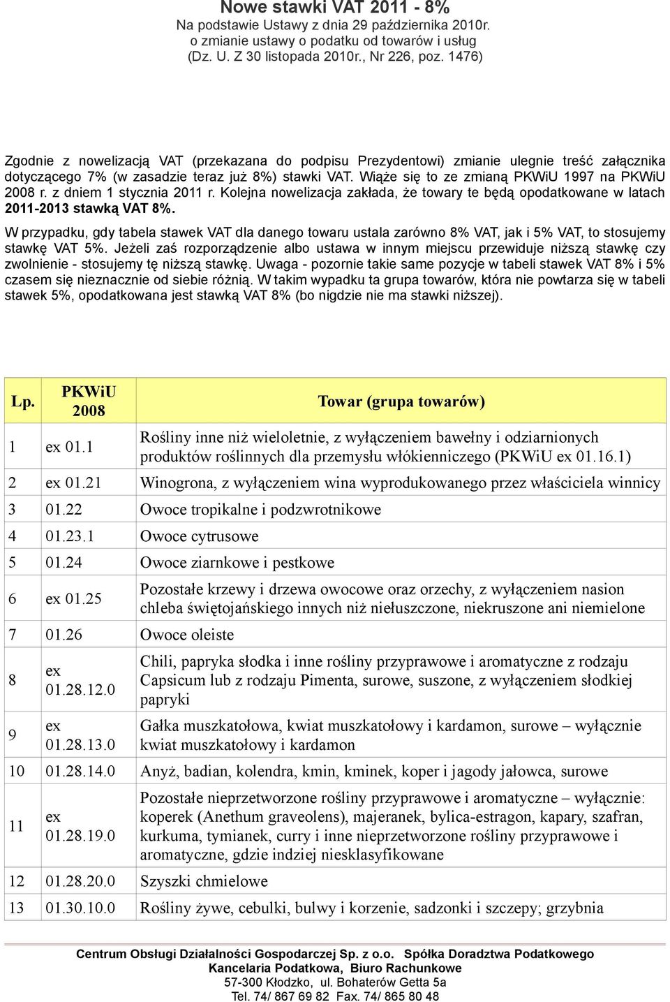 z dniem 1 stycznia 2011 r. Kolejna nowelizacja zakłada, że towary te będą opodatkowane w latach 2011-2013 stawką VAT 8%.