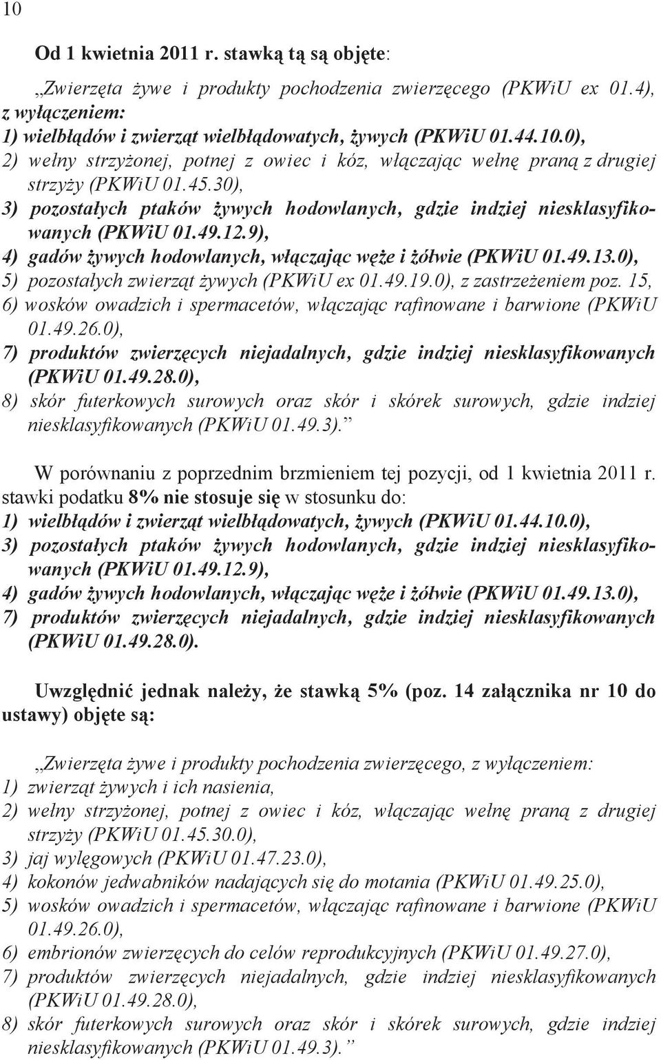 0), 5) pozosta ych zwierz t ywych (PKWiU ex 01.49.19.0), z zastrze eniem poz. 15, 6) wosków owadzich i spermacetów, w czaj c rafinowane i barwione (PKWiU 01.49.26.