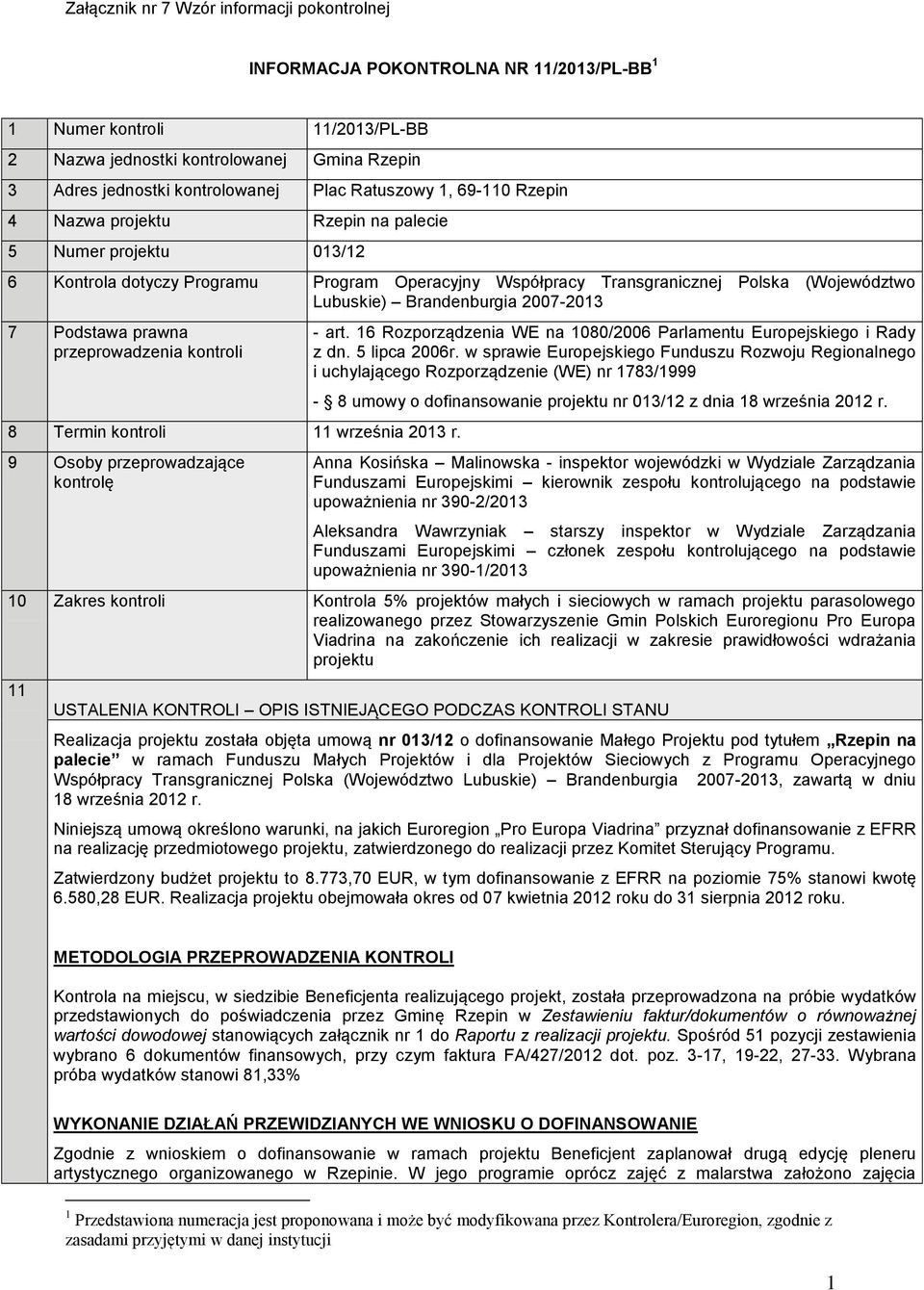 przeprowadzenia kontroli 8 Termin kontroli 11 września 2013 r. 9 Osoby przeprowadzające kontrolę - art. 16 Rozporządzenia WE na 1080/2006 Parlamentu Europejskiego i Rady z dn. 5 lipca 2006r.