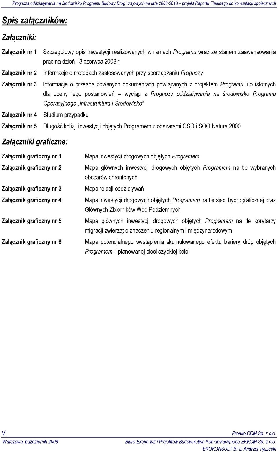 oddziaływania na środowisko Programu Operacyjnego Infrastruktura i Środowisko Załącznik nr 4 Studium przypadku Załącznik nr 5 Długość kolizji inwestycji objętych Programem z obszarami OSO i SOO