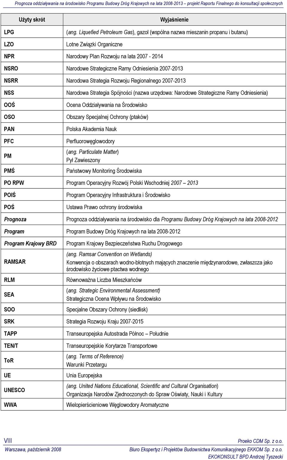 NSRR Narodowa Strategia Rozwoju Regionalnego 2007-2013 NSS OOŚ OSO PAN PFC PM PMŚ Narodowa Strategia Spójności (nazwa urzędowa: Narodowe Strategiczne Ramy Odniesienia) Ocena Oddziaływania na