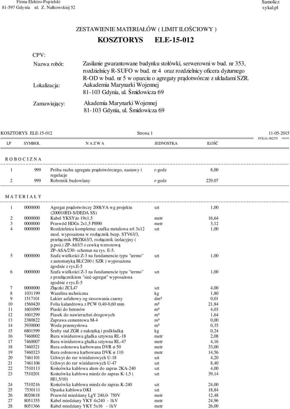 nr 4 oraz rozdzielnicy oficera dyżurnego R-OD w bud. nr 5 w oparciu o agregaty prądotwórcze z układami SZR.