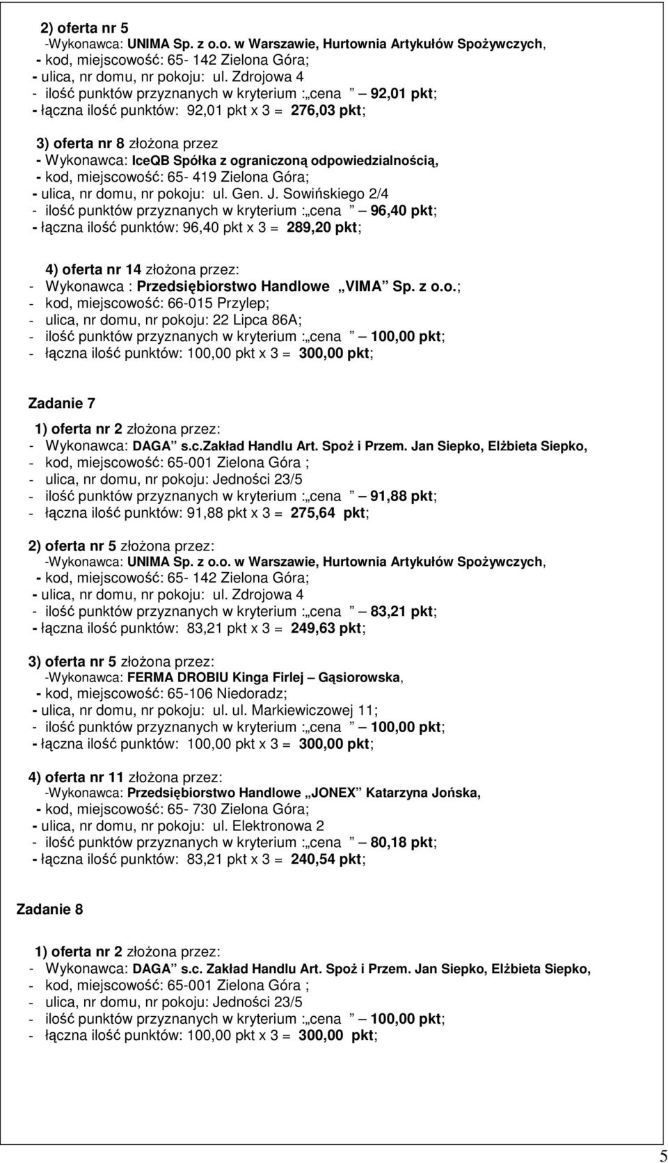 Sowińskiego 2/4 - ilość punktów przyznanych w kryterium : cena 96,40 pkt; - łączna ilość punktów: 96,40 pkt x 3 = 289,20 pkt; 4) oferta nr 14 złożona przez: - Wykonawca : Przedsiębiorstwo Handlowe