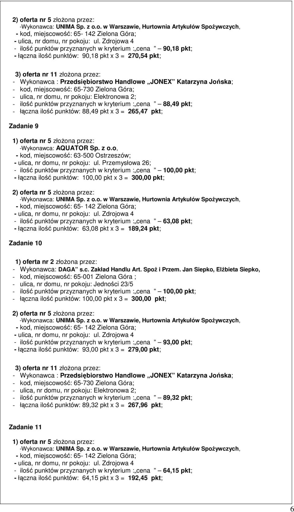 łączna ilość punktów: 88,49 pkt x 3 = 265,47 pkt; Zadanie 9 1) oferta nr 5 złożona przez: -Wykonawca: AQUATOR Sp. z o.o, - kod, miejscowość: 63-500 Ostrzeszów; - ulica, nr domu, nr pokoju: ul.