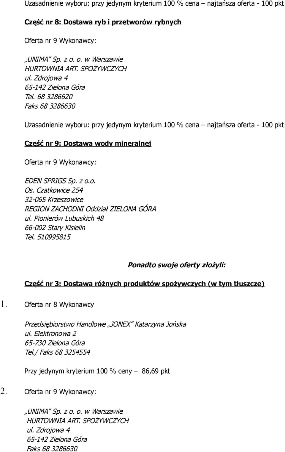 Czatkowice 254 32-065 Krzeszowice REGION ZACHODNI Oddział ZIELONA GÓRA ul. Pionierów Lubuskich 48 66-002 Stary Kisielin Tel.