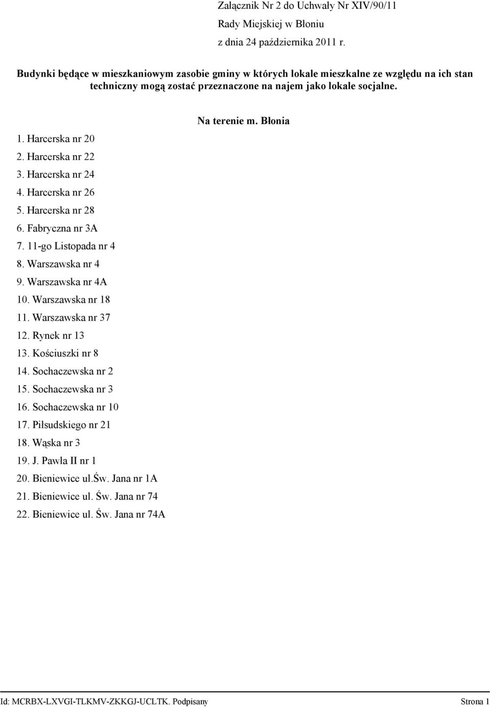 Harcerska nr 22 3. Harcerska nr 24 4. Harcerska nr 26 5. Harcerska nr 28 6. Fabryczna nr 3A 7. 11-go Listopada nr 4 8. Warszawska nr 4 9. Warszawska nr 4A 10. Warszawska nr 18 11. Warszawska nr 37 12.